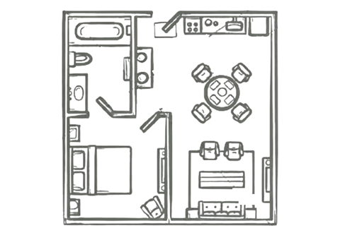 Floor plan for 1 bed, 1 bath, 700 sqft